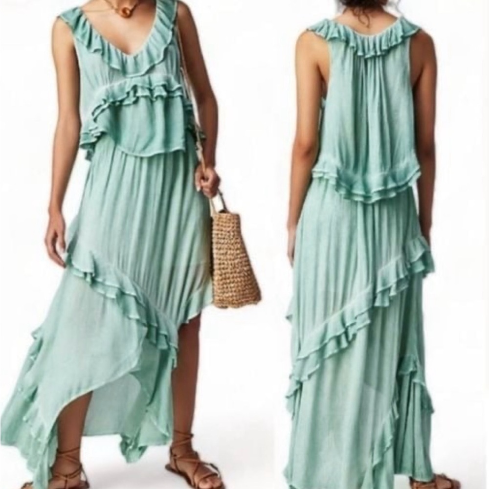 Free People Tie Dyed Crinkled Harbor Mint Rayon Gauze Top & Skirt Set